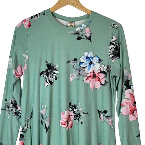 Lara Fashion Dress Green Medium Long Sleeve Floral Round Neck Above Knee Shift - Picture 2 of 7